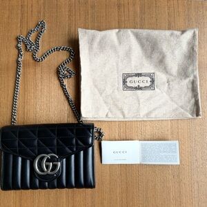 Gucci Black Leather Clutch with Silver Strap